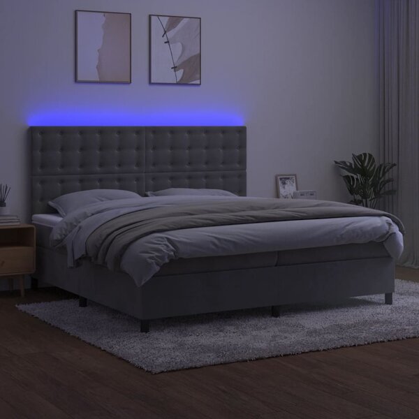 Krevet box spring s madracem LED svjetlosivi 200x200 cm baršun - Siva / 200 x 200 cm