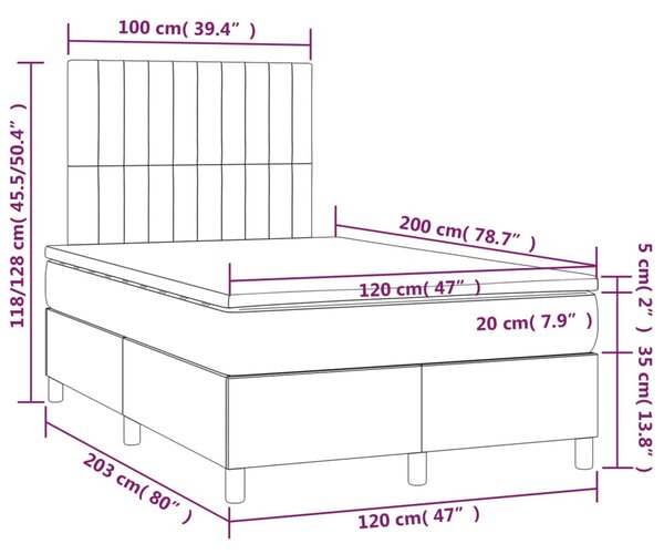 Krevet box spring s madracem LED svjetlosivi 120x200 cm baršun - Siva / 120 x 200 cm