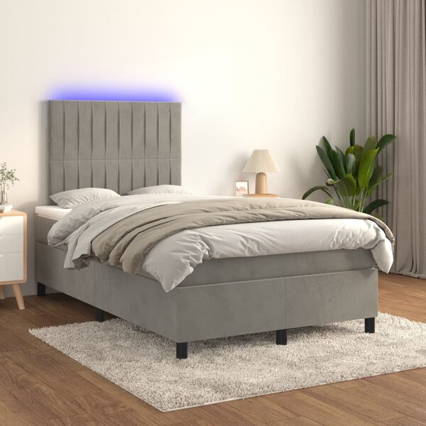 Krevet box spring s madracem LED svjetlosivi 120x200 cm baršun - Siva / 120 x 200 cm