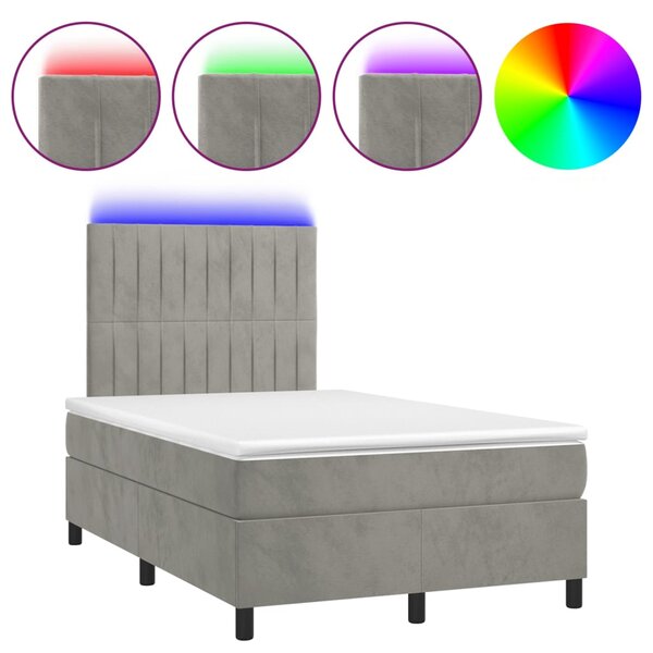 Krevet box spring s madracem LED svjetlosivi 120x200 cm baršun - Siva / 120 x 200 cm