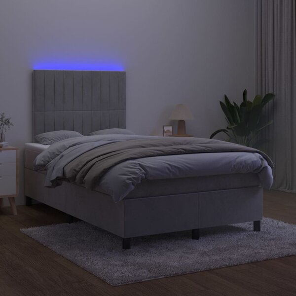 Krevet box spring s madracem LED svjetlosivi 120x200 cm baršun - Siva / 120 x 200 cm