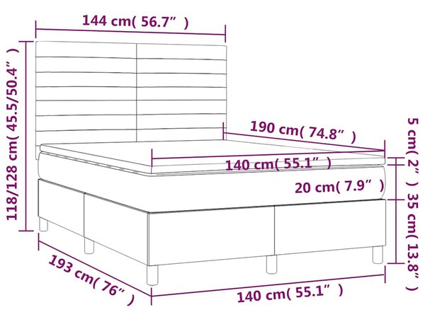 Krevet box spring s madracem LED tamnozeleni 140x190 cm baršun - Zelena / 140 x 190 cm
