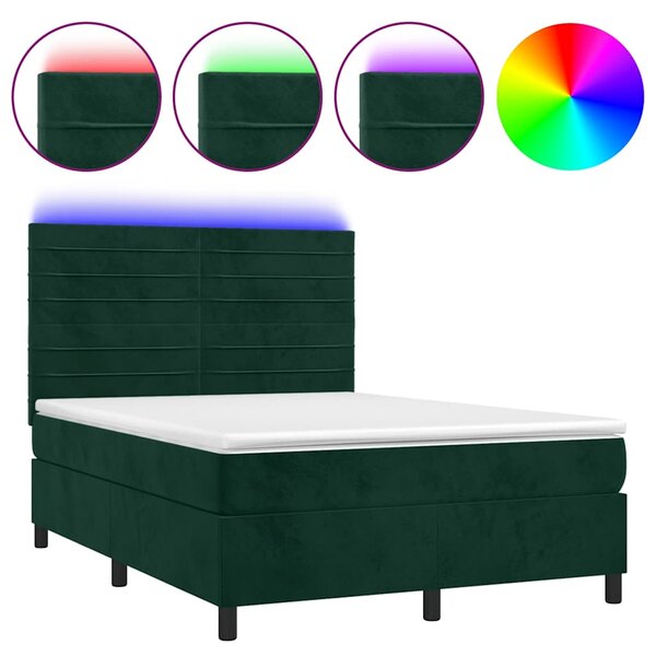 Krevet box spring s madracem LED tamnozeleni 140x190 cm baršun - Zelena / 140 x 190 cm