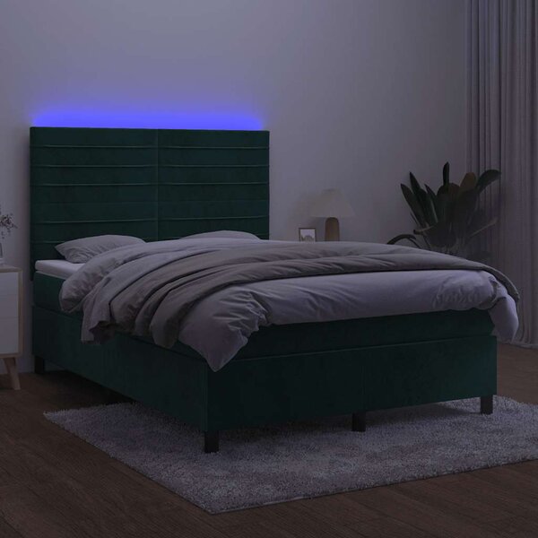Krevet box spring s madracem LED tamnozeleni 140x190 cm baršun - Zelena / 140 x 190 cm
