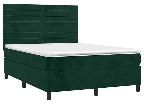 Krevet box spring s madracem LED tamnozeleni 140x190 cm baršun - Zelena / 140 x 190 cm