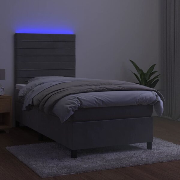 Krevet box spring s madracem LED svjetlosivi 80x200 cm baršun - Siva / 80 x 200 cm