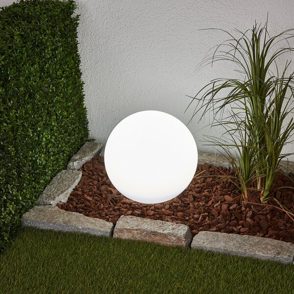Lindby LED solarna svjetiljka Lago, Ø 30 cm, lopta, uzemljeni šiljak, bijela, Bijela, Plastika, Vanjska lopta