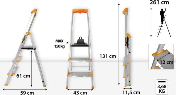 Aluminijske ljestve 3 prečke 150 kg - ekstra široke prečke