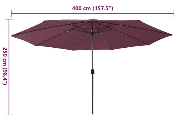 Vrtni suncobran s LED svjetlima 400 cm bordo - Crvena / N/A