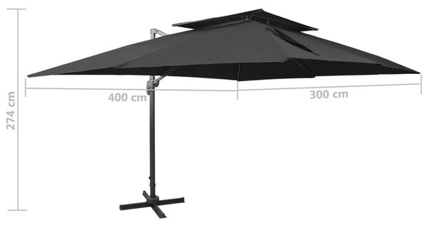 Konzolni vrtni suncobran s dvostrukim krovom crni 400x300 cm - Crna / 300 x 400 cm