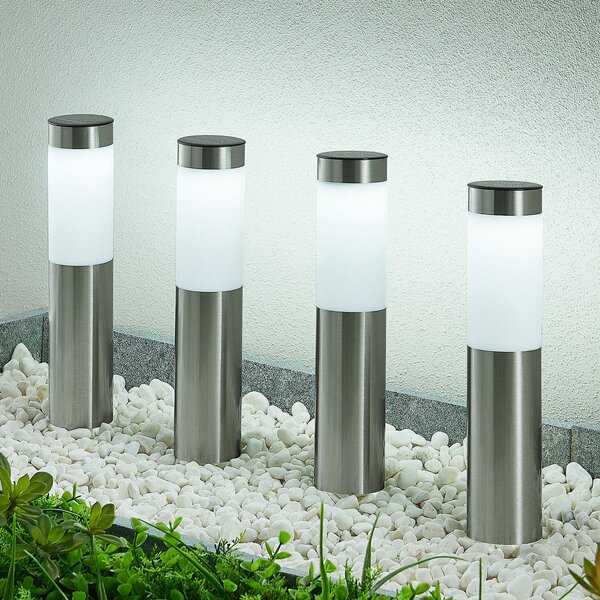 Lindby LED solarna lampa na postolju, set od 4 komada, uzemljeni šiljak, 31 cm,, Metalik, Nehrđajući čelik