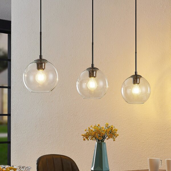 Lindby viseća lampa Firano, 110 cm, 3 žarulje, antracit, staklo, prigušiva, Sivo, Dnevni boravak/blagovaonica, Metal