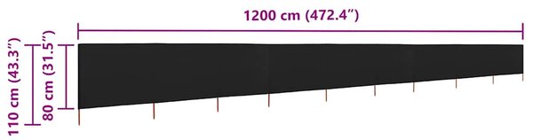 Vjetrobran s 9 panela od tkanine 1200 x 80 cm crni - Crna / 1200 x 80 cm