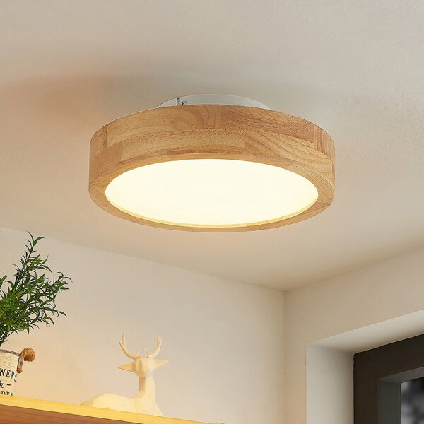 Lindby LED stropna svjetiljka Lanira, Ø 30 cm, drvo, daljinsko, CCT, prigušiva, Drvo, Dnevni boravak/blagovaonica, Drvo