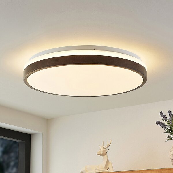 Lindby LED stropna svjetiljka Hudsona, Ø 49 cm, drvo, smeđa, prigušiva, Drvo, Dnevni boravak/blagovaonica, Drvo