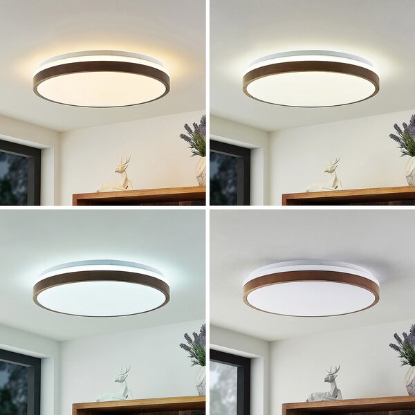 Lindby LED stropna svjetiljka Hudsona, Ø 49 cm, drvo, smeđa, prigušiva, Drvo, Dnevni boravak/blagovaonica, Drvo