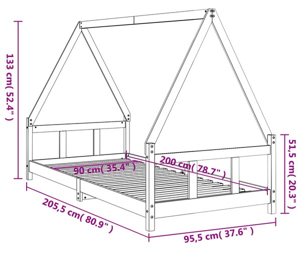 Okvir za dječji krevet bijeli 90 x 200 cm od masivne borovine - Bijela / 90 x 200 cm