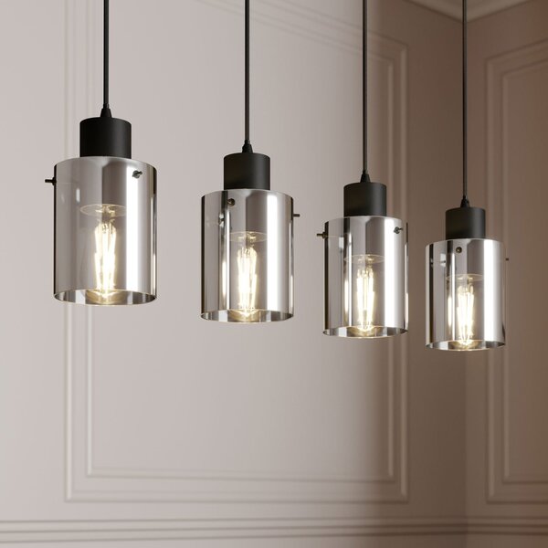 Lindby viseća lampa Kourtney, 4 žarulje, crno/siva, staklo, E27, prigušiva, Crno, Dnevni boravak/blagovaonica, Staklo