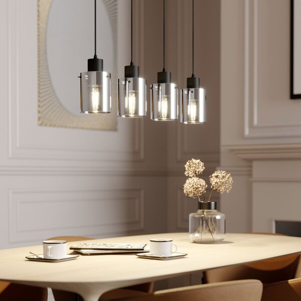 Lindby viseća lampa Kourtney, 4 žarulje, crno/siva, staklo, E27, prigušiva, Crno, Dnevni boravak/blagovaonica, Staklo