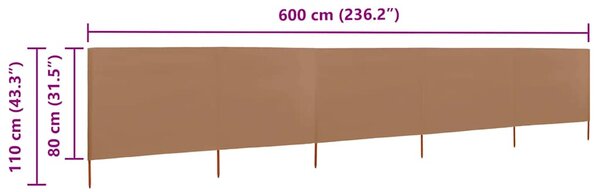 Vjetrobran s 5 panela od tkanine 600 x 80 cm smeđe-sivi - Tupe / 600 x 80 cm