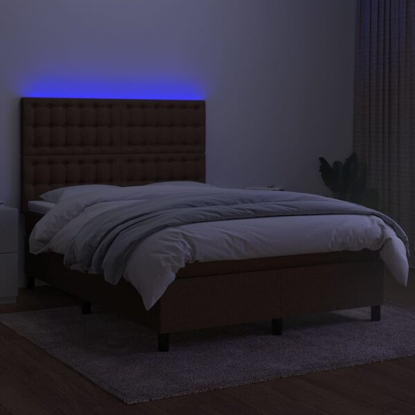 Krevet box spring s madracem LED tamnosmeđi 140x190 cm tkanina - Smeđa / 140 x 190 cm