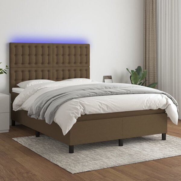 Krevet box spring s madracem LED tamnosmeđi 140x190 cm tkanina - Smeđa / 140 x 190 cm