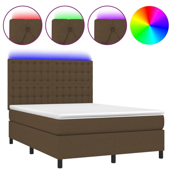 Krevet box spring s madracem LED tamnosmeđi 140x190 cm tkanina - Smeđa / 140 x 190 cm