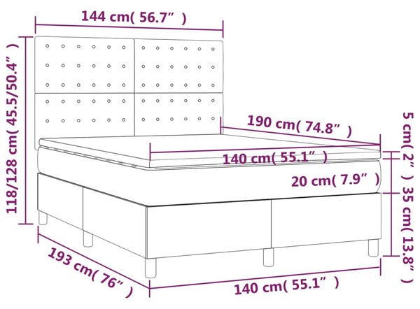 Krevet box spring s madracem LED tamnosmeđi 140x190 cm tkanina - Smeđa / 140 x 190 cm
