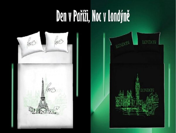 Svijetleća pamučna posteljina DAN U PARIZU, NOĆ U LONDONU bijela Dimenzije posteljine: 70 x 90 cm | 140 x 200 cm