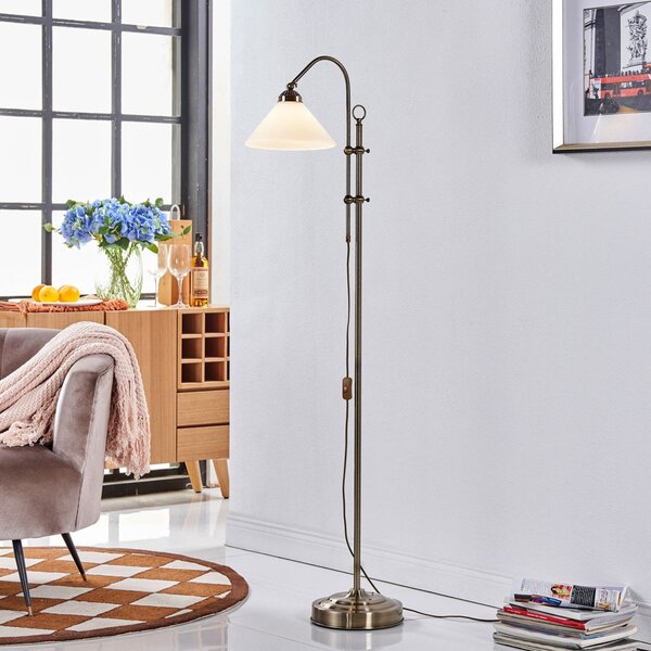 Lindby podna lampa Otis, starinski mesing, staklo, 170 cm, E27, Bronca / stari mesing, Dnevni boravak/blagovaonica, Staklo