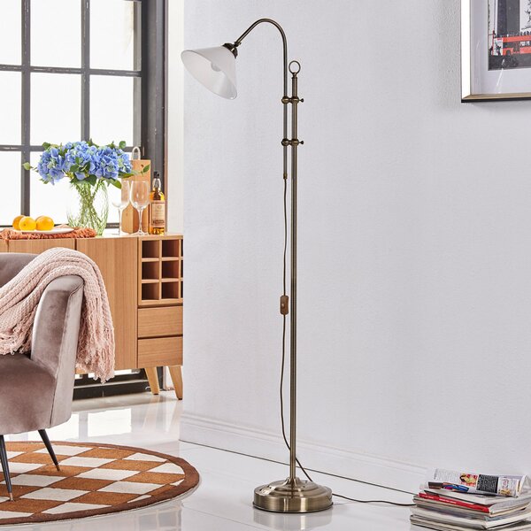 Lindby podna lampa Otis, starinski mesing, staklo, 170 cm, E27, Bronca / stari mesing, Dnevni boravak/blagovaonica, Staklo