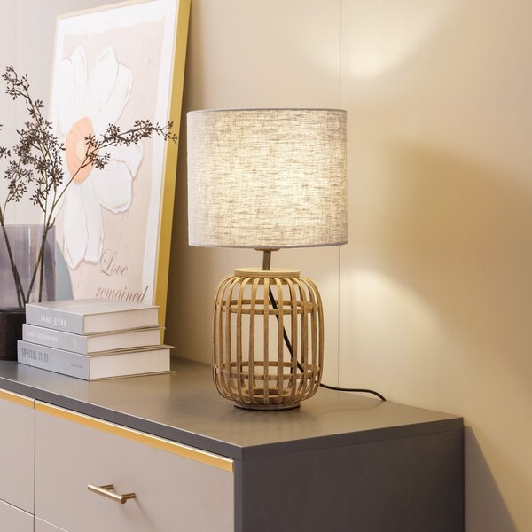 Lindby stolna lampa Marzanna, siva, bambus, 42,5 cm, E27, Drvo, Dnevni boravak/blagovaonica, Tkanina / tekstil