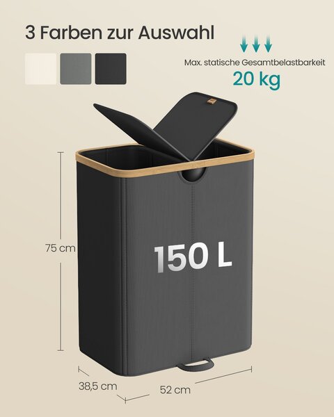 SONGMICS košara za rublje s 2 odjeljka i poklopcem, 150 L, tintno crna i prirodno bež
