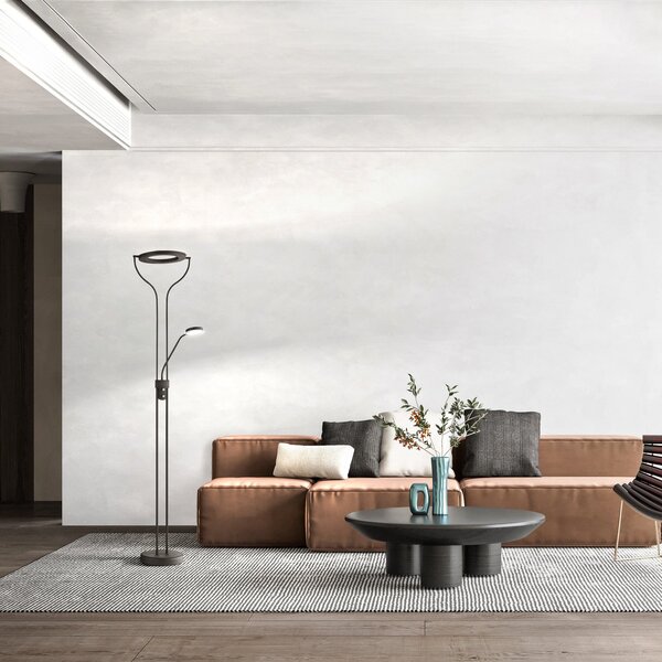 FISCHER & HONSEL Davos LED podna lampa, crna, visina 180 cm, 2 žarulje, CCT, prigušiva, Crno, Dnevni boravak/blagovaonica, Metal, Svjetlo za čitanje