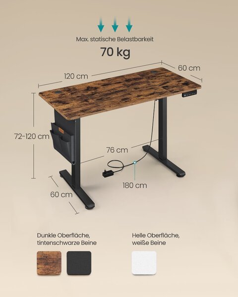 SONGMICS stol podesive visine (72-120 cm), s memorijom za 4 visine, antikno smeđa-crna
