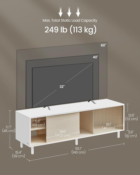 VASAGLE TV stalak s montažom bez alata (za TV do 60"), 140 x 39 x 45 cm, bijela