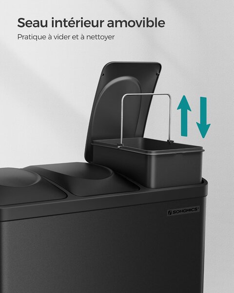 SONGMICS kanta za razdvojeno smeće s 3 pretinca na pedalu, 45 L (3 x 15 L), crna kao tinta