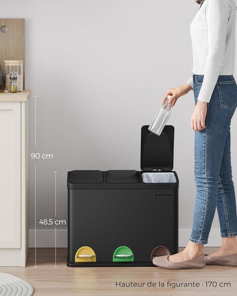 SONGMICS kanta za razdvojeno smeće s 3 pretinca na pedalu, 45 L (3 x 15 L), crna kao tinta