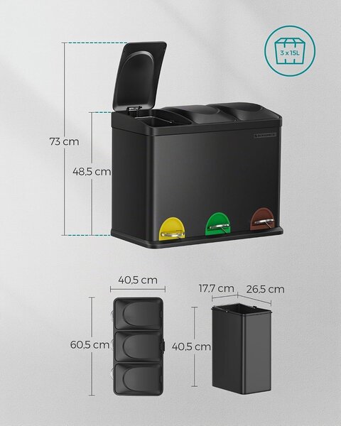 SONGMICS kanta za razdvojeno smeće s 3 pretinca na pedalu, 45 L (3 x 15 L), crna kao tinta