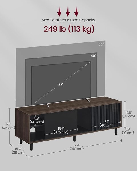 VASAGLE TV stalak s montažom bez alata (za TV do 60"), 140 x 39 x 45 cm, boja pepela