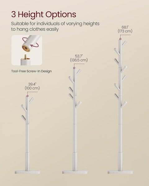 VASAGLE stalak za odjeću od masivnog drva s 8 kuka (175 cm), kapućino bež