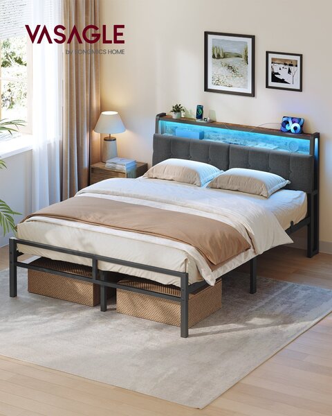 VASAGLE okvir kreveta 140 x 190 cm s 2 ladice, LED rasvjetom, punjačkom stanicom