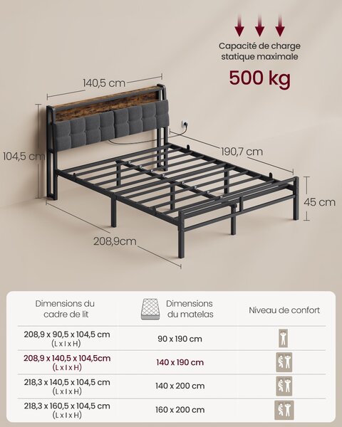 VASAGLE okvir kreveta 140 x 190 cm s 2 ladice, LED rasvjetom, punjačkom stanicom