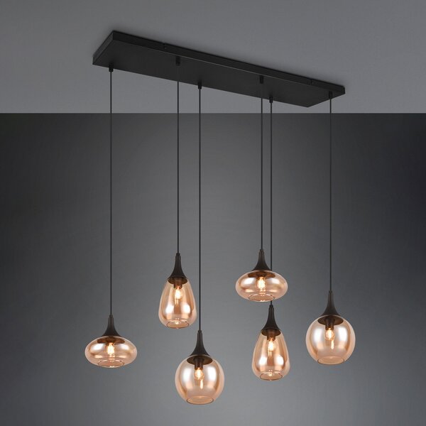 Trio Lighting Lumina viseća svjetiljka, 6 žarulja, crna/jantarna, staklo, prigušiva, Dnevni boravak/blagovaonica, Staklo