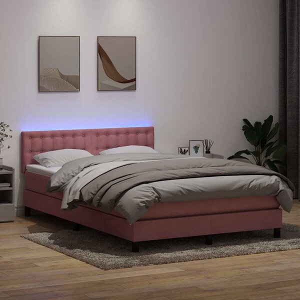 Box Spring krevet s madracem i LED ružičasti 140x220 cm baršun - Ružičasti / 140 x 220 cm