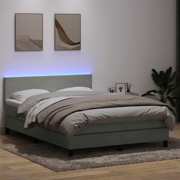 Krevet s oprugama i madracem LED svjetlosivi 160x220 cm baršunasti - Siva / 160 x 220 cm