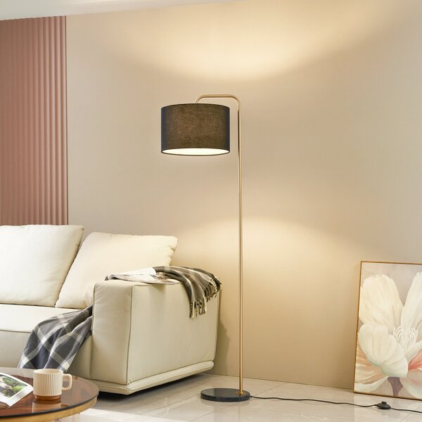 Lindby podna lampa Hillary, crna/zlatna, mramor, 153cm, Crno, Dnevni boravak/blagovaonica, Tkanina / tekstil