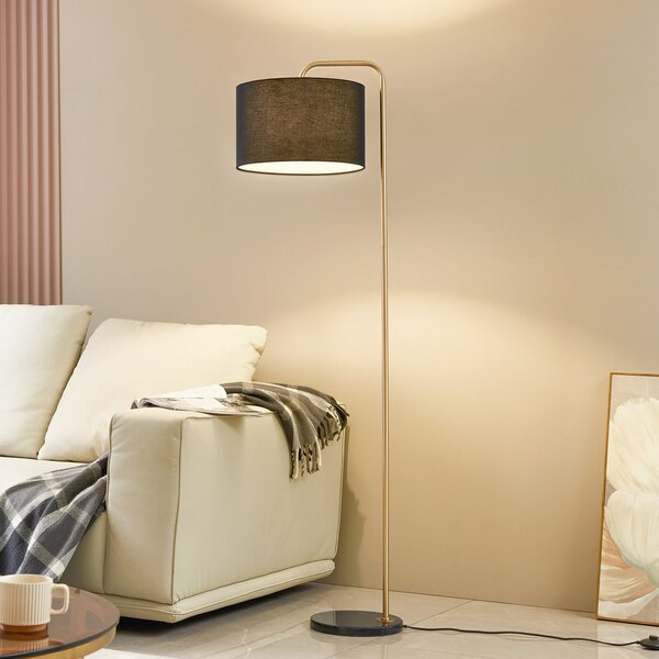 Lindby podna lampa Hillary, crna/zlatna, mramor, 153cm, Crno, Dnevni boravak/blagovaonica, Tkanina / tekstil