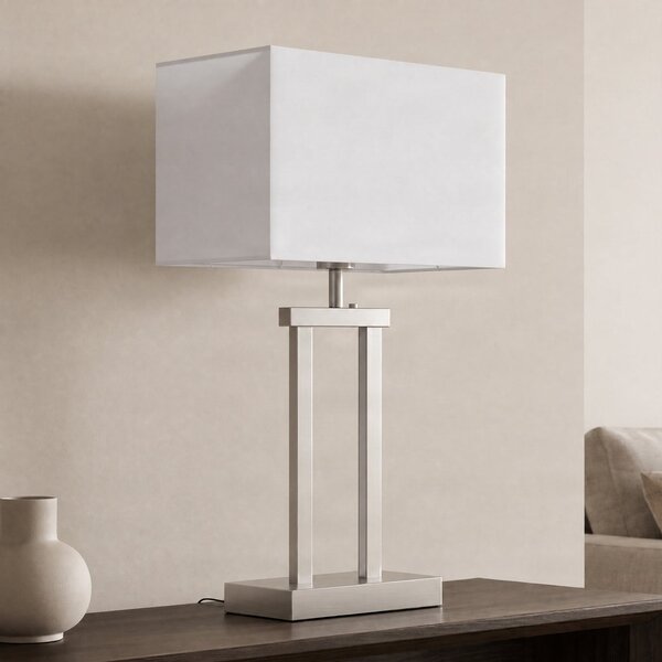 Lindby stolna lampa Sigurd, bijela, tkanina, visina 54cm, E27, prigušiva, Metalik, Dnevni boravak/blagovaonica, Tkanina / tekstil