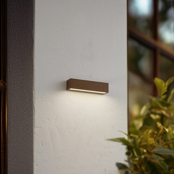 Lucande LED vanjska zidna svjetiljka Lengo, 25 cm, smeđa, downlight, 3000K, Smeđa / hrđa, Aluminij, Zidna utičnica ispod